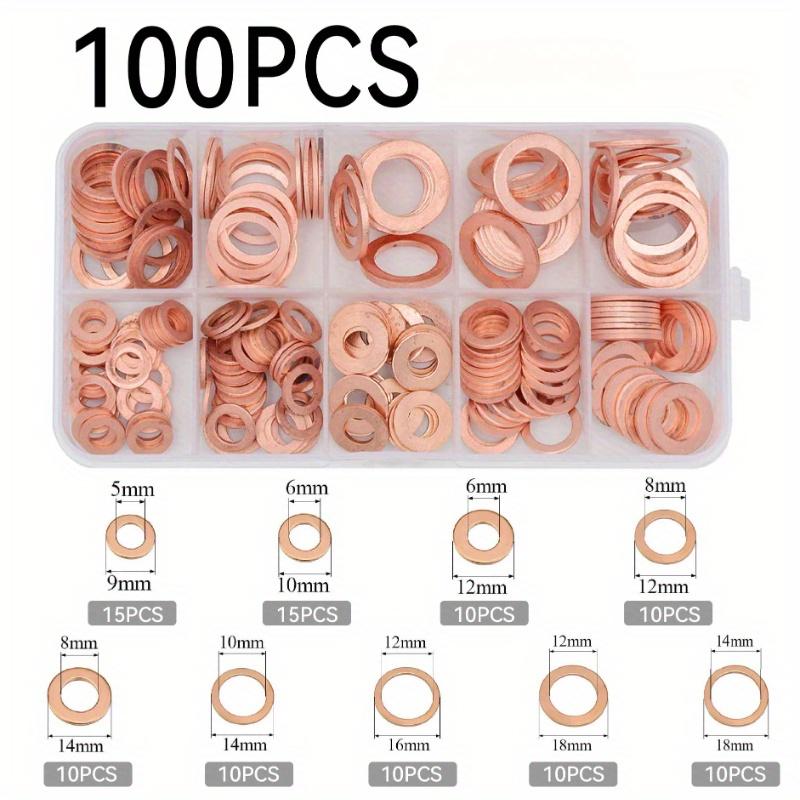 TEMU 100 Copper Washer Gasket Nuts And Kits, Flat Combination, Copper Gasket Marine Gasket With Box - M8/m10/m12/m14 For Oil Pump Plugs