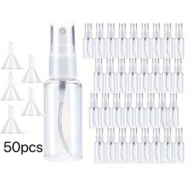 TEMU 30ml 소형 투명 미니 스프레이 병 50개 세트, 깔때기 5개 포함, 플라스틱 재충전 가능한 향수 스프레이기, 빈 재충전용 휴대용 투명 스프레이 병, 바디 케어 액체 및 화장품용