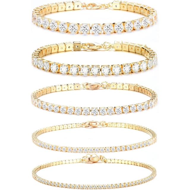 TEMU 5-teiliges Tennisarmband Damen Goldarmband Damenarmband Kubisches Synthetisches Zirkonia Glitzerarmband Damenarmband Damen Strass für Frauen