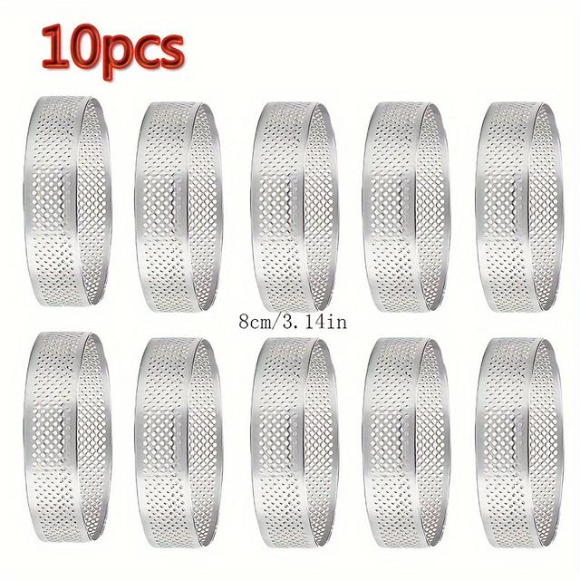 TEMU 10pcs Stainless Steel Tart Rings- , Perforated Round Cake& Mousse Molds For Baking And Pastry Making, Cake Molds