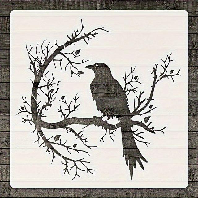 TEMU 1pc Of Large Crow Silhouette Branch Painting Template, Reusable Art Stencil, Suitable For Walls, Fabric, Home Decor, Plastic Templates, Crafts, And Sewing Supplies, Made Of Pet Material