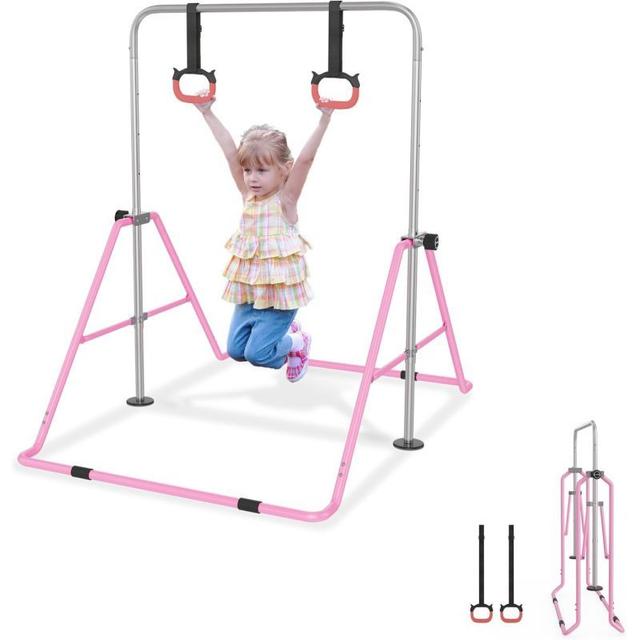 TEMU [compact ] Adjustable Pink Indoor Gymnastics Bar For - Foldable, Height Adjustable 36"-52", Max 140 Lbs, Enhances Balance & Coordination, Easy