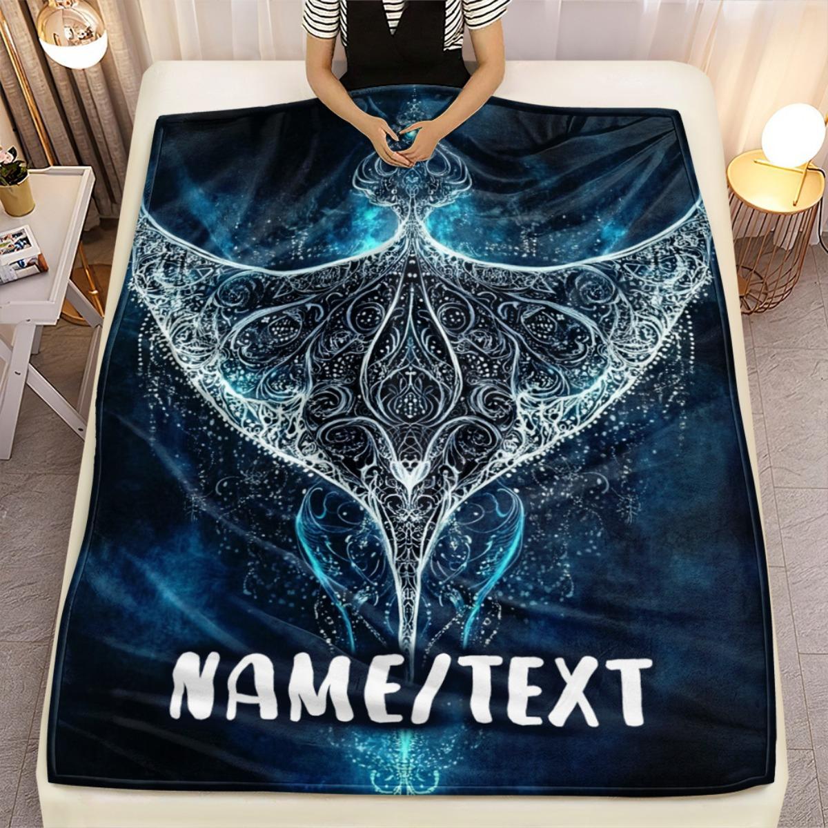 TEMU 1pc Sea Ray Totem Customizable Name Portable Blanket - Lightweight Flannel Bedding Ideal For Travel, Camping, Living Room, Office, Sofa, Chair, And Beds - Soft And Cozy Flannel