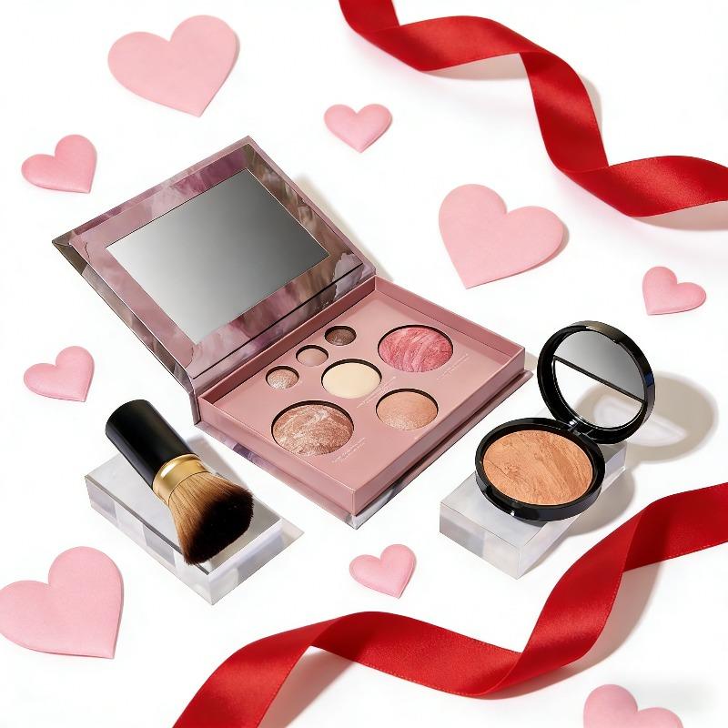 TEMU Jakehoe Valentine's Day Baked Makeup Set - Includes Blush Powder, 2 Highlighters, 3 Eyeshadows, Baked Brightening Foundation, And A Brush. A Great For Everyday Dating And Commuting Makeup Gifts