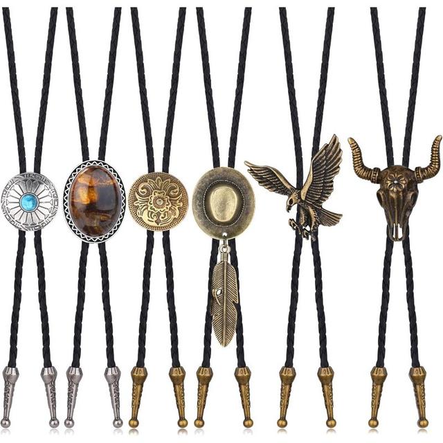 TEMU 6pcs Leather Bolo Tie Turquoise Handmade Round Shape Western Cowboy Native American Tie For Men Women
