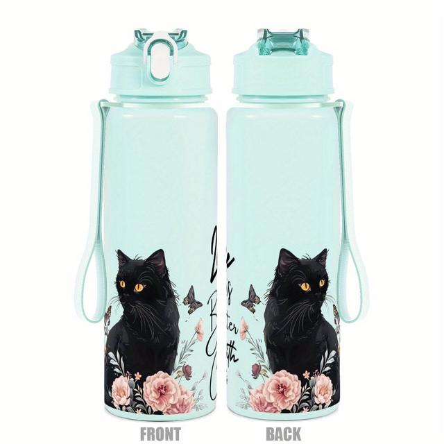TEMU 1pc Rzuiytye Floral Black Cat 25oz Water Bottle - Leak-proof, Durable Plastic, Large Capacity For Sports, Fitness, Outdoor Travel & Hiking, Ideal Gift For Cat Lovers, Cat Lover Gifts