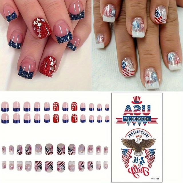 TEMU 48pcs Press-on Nails, July 4th Patriotic Day Design Pattern Glossy Short Square False Nails Suitable For Celebrations Trendy Ladies Daily For Holiday Parties