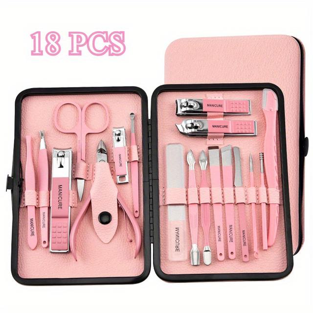 TEMU 18ピース ムステンレススチール ネイルケアキット - 、はさみ、ファイル、耳かきなどが含まれており、なピンク＆ブラックケース - 自宅でのマニキュア＆ペディキュア必需品セット、ネイルテック用品