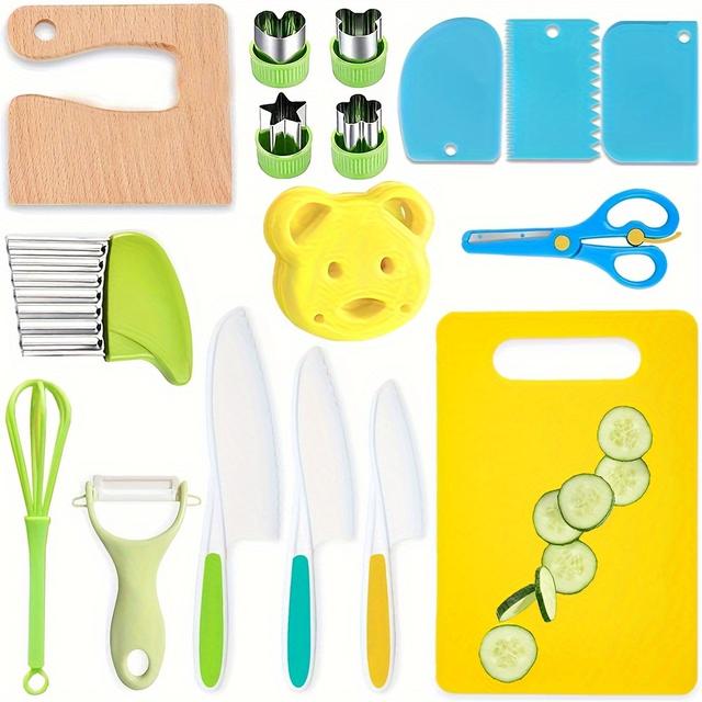 TEMU 4/17pcs, Kitchen Knife Set, Kitchen Tools For Real Cooking, Knife Set, Plastic& Wood Knives, Crinkle Cutter, Sandwich Cutters, Peeler, Cutting Board For Birthday