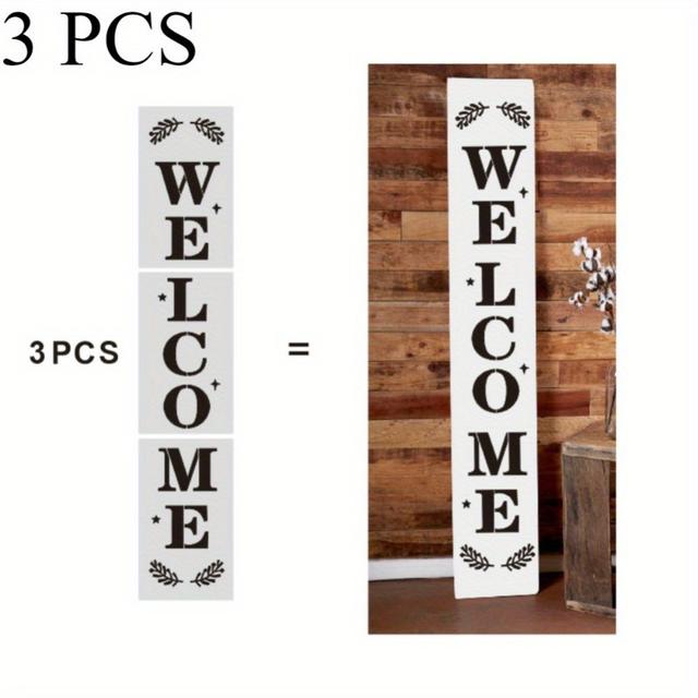 TEMU 3-pack Large Size Welcome Cutout Stencils, Washable Reusable, For Wood, Fabric, Paper, Wall, Canvas & Floor Diy Crafts, Durable Plastic Material