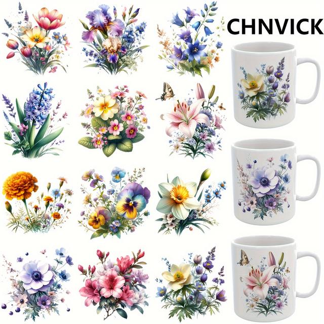 TEMU Set Of 12 Uv Dtf Transfer Papers Featuring Spring Flower Designs, Ideal For Applying To Mugs, Glasses, Tables, Chairs, And Computers. Note: Mugs Are Not Included