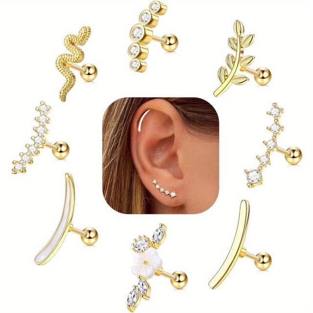 TEMU 8pièces 16G Cartilage Boucles d'oreilles Helix Piercing Bijoux pour Femmes Acier Inoxydable CZ Daith Tragus Piercing Bijoux Fleur Feuille Vis Back Stud Boucles d'oreilles Set