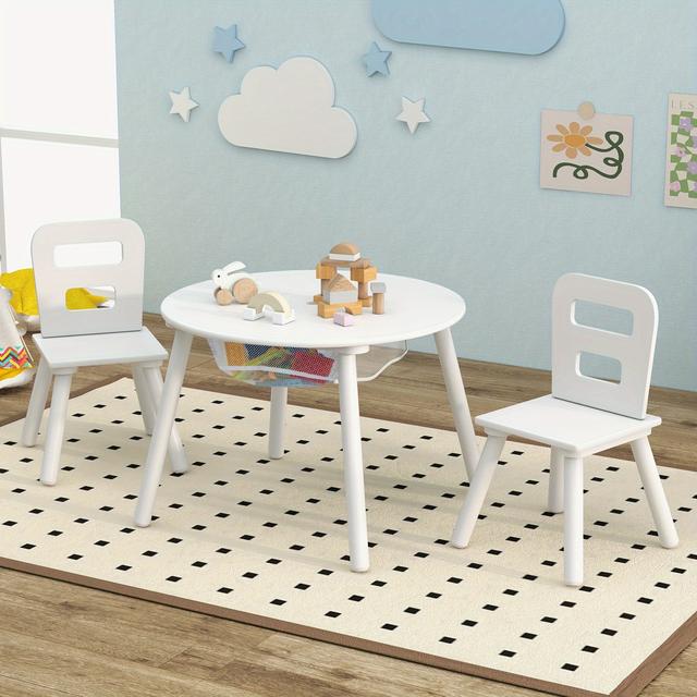 TEMU Lifezeal Kids Wooden Round Table & 2 Chair Set W/ Center Mesh Storage White