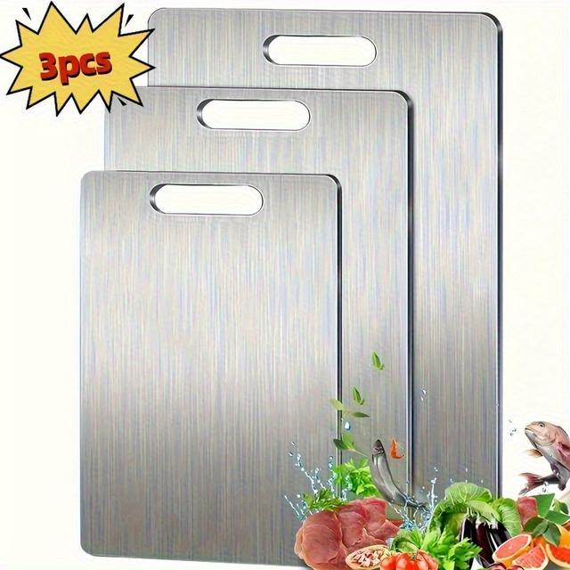 TEMU 3pcs Set High-quality Titanium Steel Cutting Board- Double-sided Food-grade Stainless Steel, , Suitable For Kitchen And Dining Use