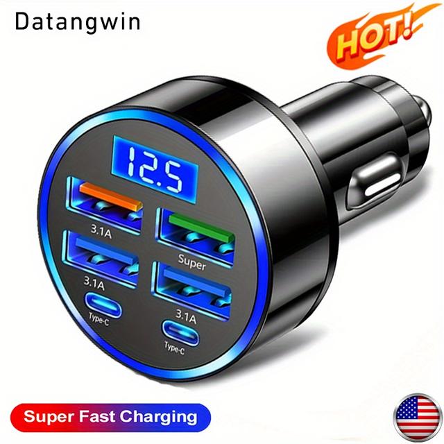 TEMU Datangwin, 6-in-1 Fast Car Charger With Usb-c, Dual Pd & Qc3.0, 4 Usb Ports, Voltage Display - Compatible With Iphone, , Huawei, Xiaomi - , Portable Charger, Car Charge, Without Battery