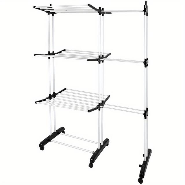 TEMU 3-tier Adjustable Pull-out Drying Rack - Heavy-duty Plastic Indoor/outdoor Laundry Organizer With Wheels, Space-saving Storage Shelf For Patio, Balcony, Home (75-142.5x64x170cm), Drying Racks