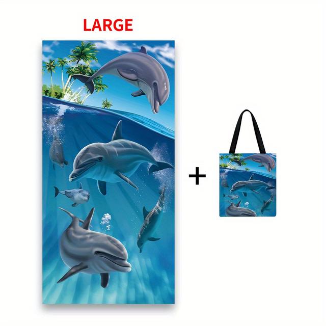 TEMU 2pcs Set: 1 Tote Bag + 1 Beach Towel, Island Dolphin Print, Holiday Gift, Made Of Polyester, Soft, Lightweight, Quick-dry, Suitable For Swimming, Camping, Fitness, And Yoga, Vacation Essentials