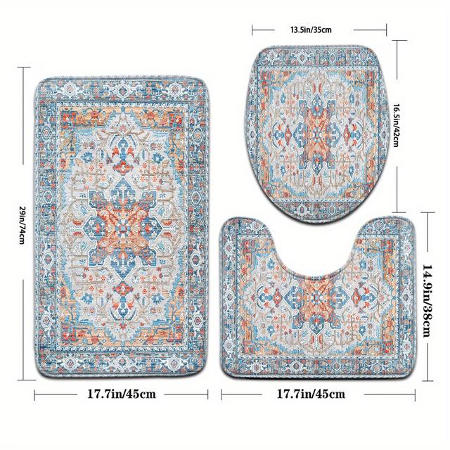 TEMU ชุดพรมปูพื้นห้องน้ำลายโมร็อกโกสีน้ำเงินวินเทจ 3 ชิ้น พร้อมฝาครอบที่นั่งชักโครกและพรมปูพื้นทรงตัวยู