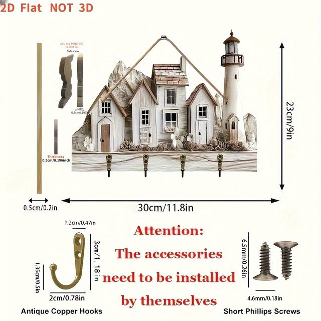 TEMU Elbűvölő 2D Fa Kulcstartó Világítótornyi Formájú, 11.8 Hüvelyk Lapos Design Négy Fém Akasztóval Falra, Erkélyre és Szobadísznek Minden Időjárásnak Megfelelő Dekoráció, 2D Lapos