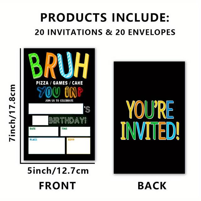 TEMU 20pcs Colorful Cartoon Birthday Invitation Cards With Red Envelopes - Double-sided, Party Invites For ' Birthdays, Includes "bruh" & "" Designs, Birthday Decorations
