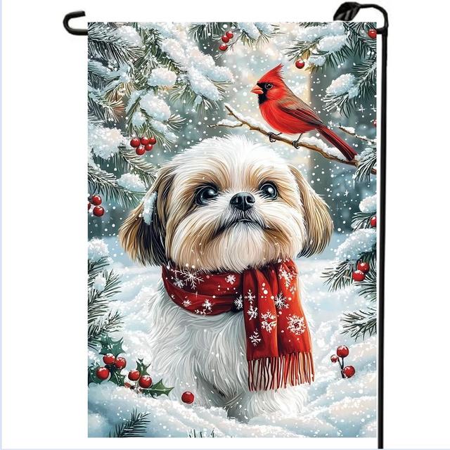 TEMU Winter Shih Tzu Garden 12*18 Double-sided, Farmhouse Winter Decoration Outdoor Courtyard Lawn Suitable Outdoor Home