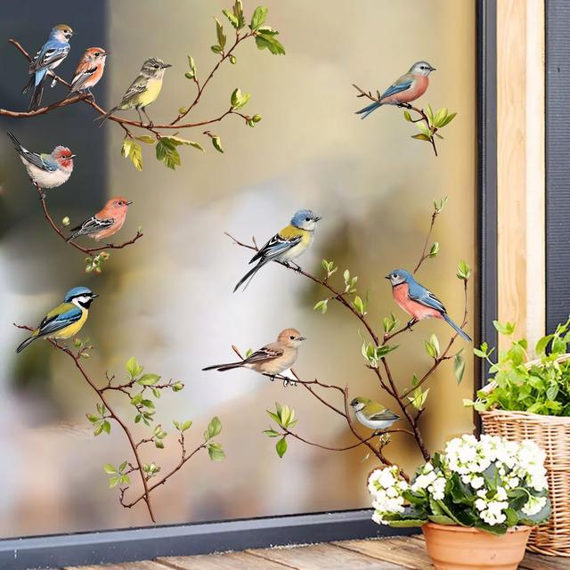 TEMU New Painted Twig Bird Static Sticker Glass Window Bedroom Home Decorative Wall Stickers