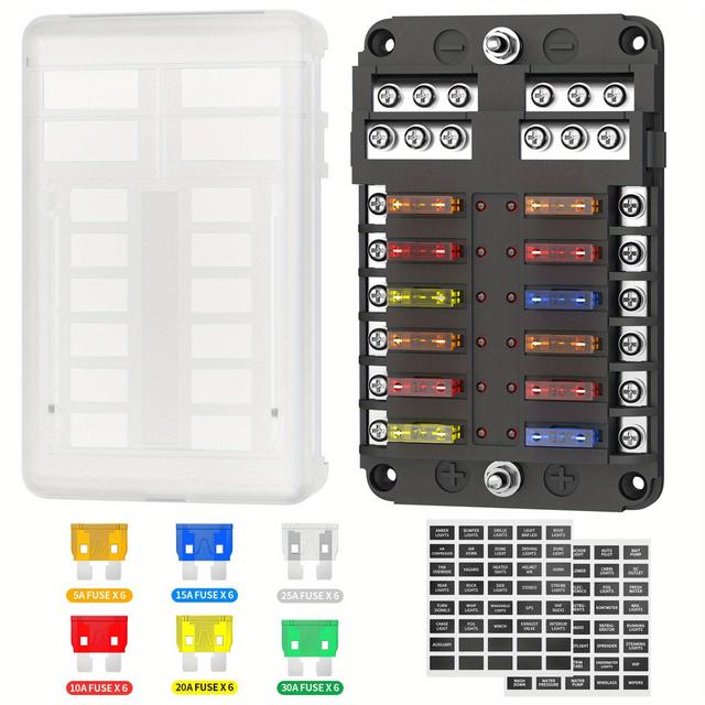 TEMU 12 Way Fuse Block, 12v Marine Fuse Box With Led Indicator, Automotive 12-circuit Blade Fuse Block With Cover For Rv Motorcycle Boat Vehicle, 24pcs Fuses And Tip Stickers Included