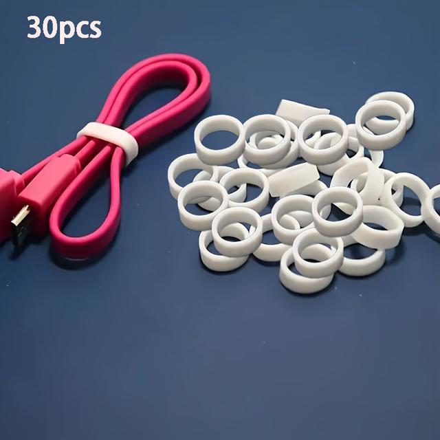 TEMU 30 White Silicone Cable Ties | High Elasticity Rubber Straps For Organizing Wires And Data Cables, Ideal For Home, Office, School Storage Additions, Easy Cable Management