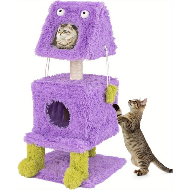 TEMU Lila Monster-förmiger Kratzbaum für Katzen, Maine Coon Kratzbaum mit 3 Ebenen, 2 Katzenschlafhäusern, Sisal Kratzpfosten, Hängespielzeug, Plüschmöbel für Katzen Kätzchen