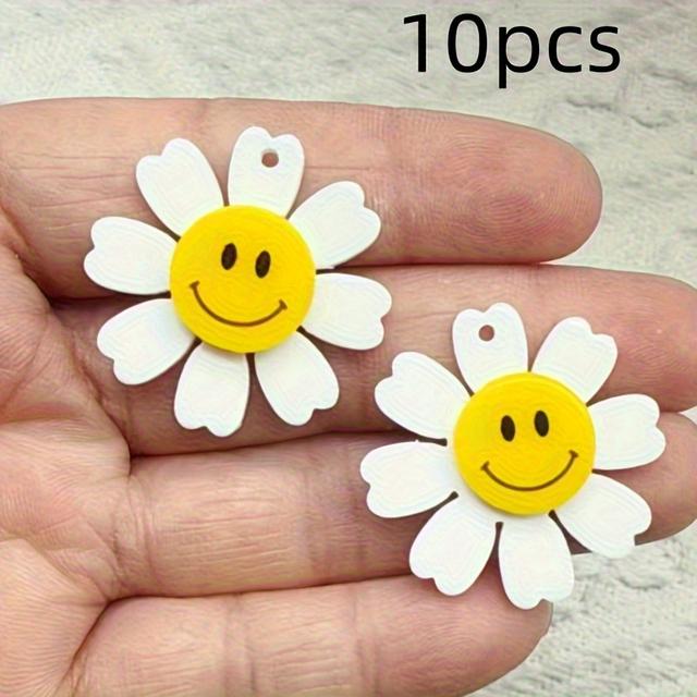 TEMU ชุดจี้อะคริลิค 10 ชิ้น ลายดอกไม้สีขาวและหน้ายิ้มสีเหลือง - เหมาะสำหรับทำต่างหู สร้อยคอ พวงกุญแจ และงานประดิษฐ์ | ธีมสดใส | ทำจากวัสดุอะคริลิค