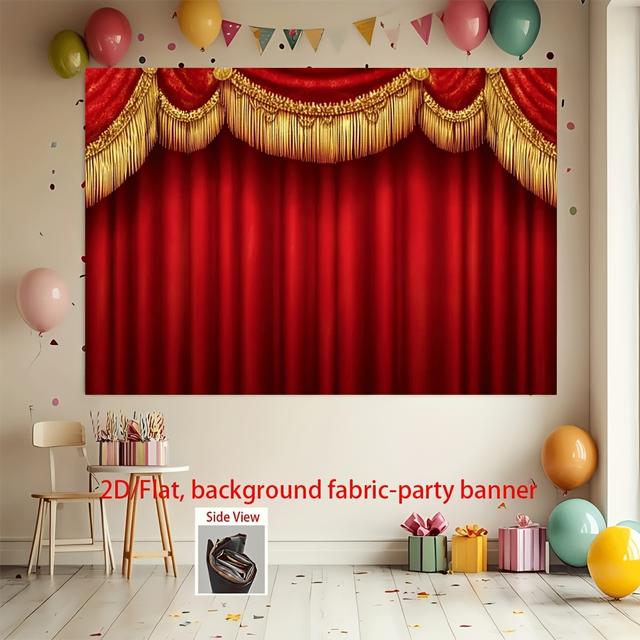 TEMU Una pieza de impresión plana 2D, un lujoso telón de de teatro con ribete dorado hecho de tela de poliéster, adecuado para fiestas, bodas, , bares