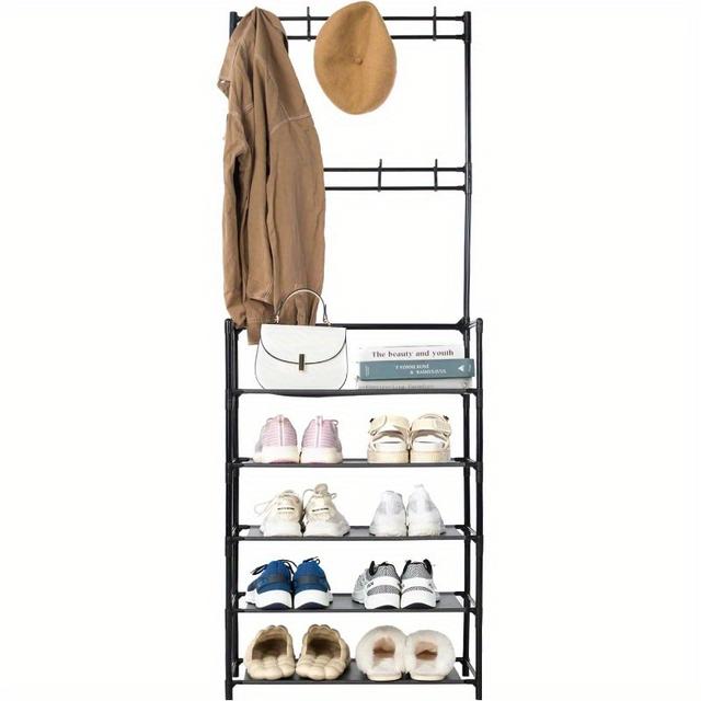 TEMU 5-tier Black Iron Entryway Shoe And Hat Rack With 8 Hooks - Space-saving Freestanding Organizer For Clothes, Hats, Bags, And Shoes, Sturdy Construction