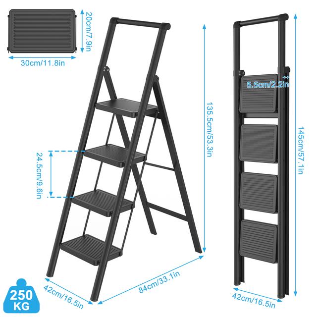 TEMU 1pc Foldable Metal Step Ladder, Non-slip , Multi-position Household Ladder For Kitchen, Office, 2/3/, Heavy-duty 270kg