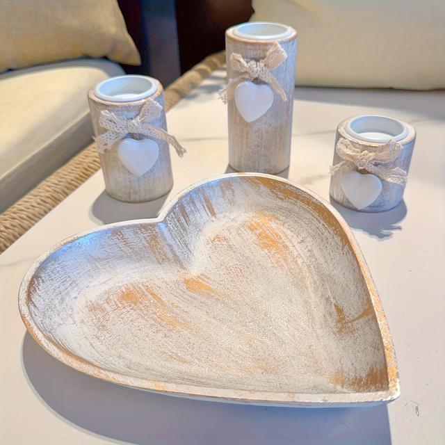 TEMU 4pcs Wooden Candle Holder Set With Heart-shaped Cutouts | Rustic Farmhouse Decor For Indoor/outdoor Use, Perfect For Valentine's Day, Anniversary, Romantic Night Date, Wedding And More