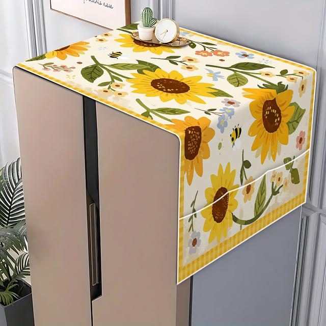 TEMU ฝาครอบแบน 2D สำหรับตู้เย็นและเครื่องซักผ้า มีช่องเก็บของด้านข้าง มาพร้อมแผ่นกรองสำรองสำหรับตู้เย็น สิ่งอเนกประสงค์สำหรับบ้านน่ารักลายดอกทานตะวัน