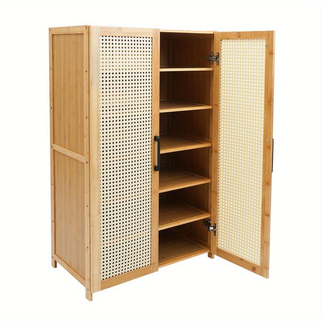 TEMU 6-tier Bamboo Shoe Cabinet - Modern Storage Organizer With Ventilated Doors, Freestanding Shoe Cabinet, 22lbs Capacity Per Shelf, Space-saving Design - Perfect For Entryway, Living Room & Bedroom