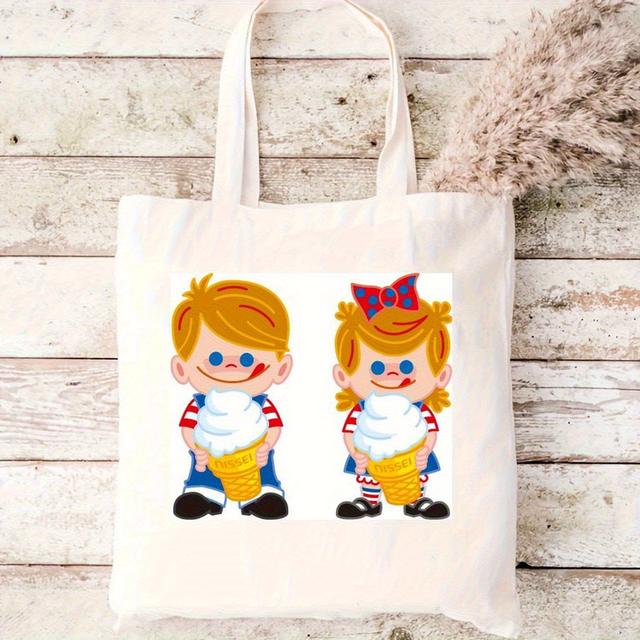 TEMU アイスクリームキャラクターとモンキーキャラクタープリントデザインの大容量カジュアルショルダーバッグ、ベージュ、洗濯機対応、日常使いやギフトに最適なかわいいトートバッグ