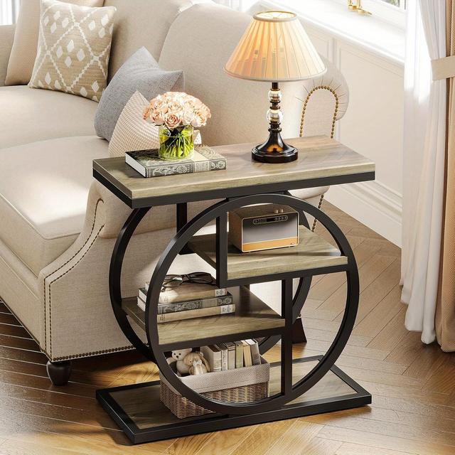 TEMU End Table For Living Room, 4-tier Narrow Side Table With Storage Shelves, Industrial Bedside Table For Bedroom, Wood Small Sofa Side Table With Geometric Metal Frame (1pc, Grey)