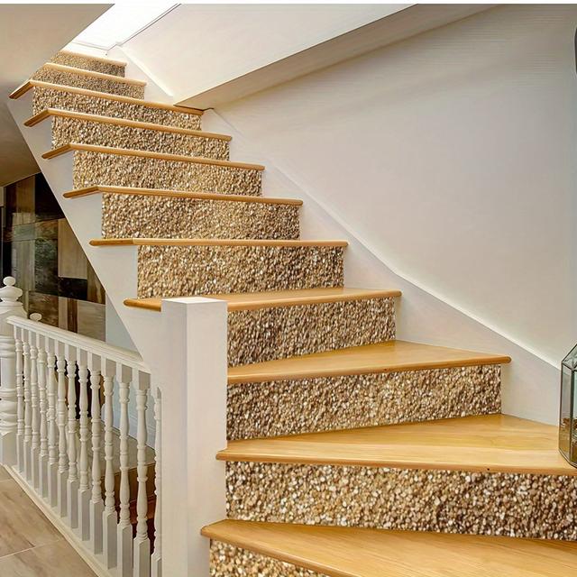 TEMU 15 قطعة من ملصقات الدرج الذهبية الحديثة اللامعة، قابلة للإزالة وملصقات لاصقة من الفينيل لتزيين الحائط، عمل فني من PVC ذاتي اللصق على مسار الدرج والأرضيات، لا حاجة لأدوات، تنظيف وتجميل