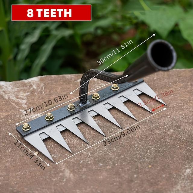 TEMU 1 шт. Міцна садова мотика з марганцевої сталі, підходить для прополювання, розпушування ґрунту, оранки та садових робіт із 8-зубчастим багатофункціональним металевим граблям