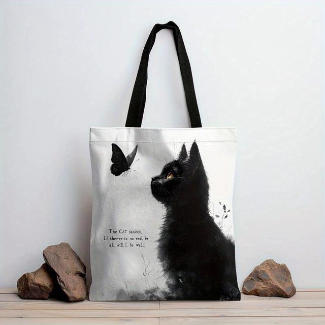 TEMU Large Canvas Tote Bag With Cat And - "everything Fine" Slogan, Handles, Ideal For Shopping And Everyday Use, Shopping Canvas Bag|cat Print|sturdy Handles, Large Tote Bag