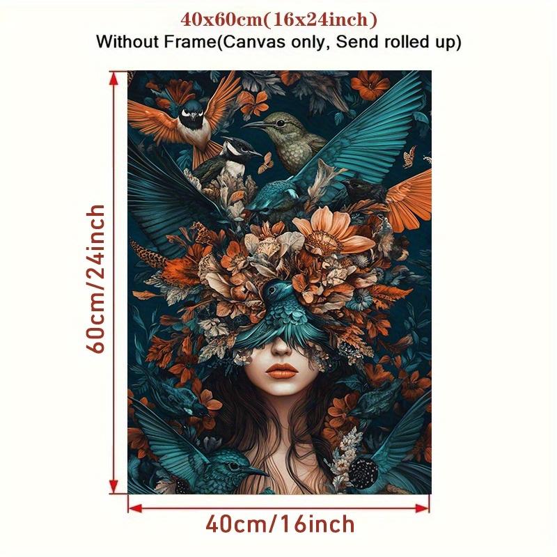 TEMU 1pc Woman With Birds On Her Head Wall Art Poster - Uv-resistant Glossy Frameless Canvas Painting Suitable For Bathroom, Bedroom, Office, Living Room Decor - Elegant Woman & Birds Wall Decoration