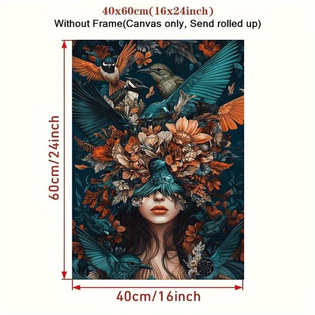 TEMU 1pc Woman With Birds On Her Head Wall Art Poster - Uv-resistant Glossy Frameless Canvas Painting Suitable For Bathroom, Bedroom, Office, Living Room Decor - Elegant Woman & Birds Wall Decoration