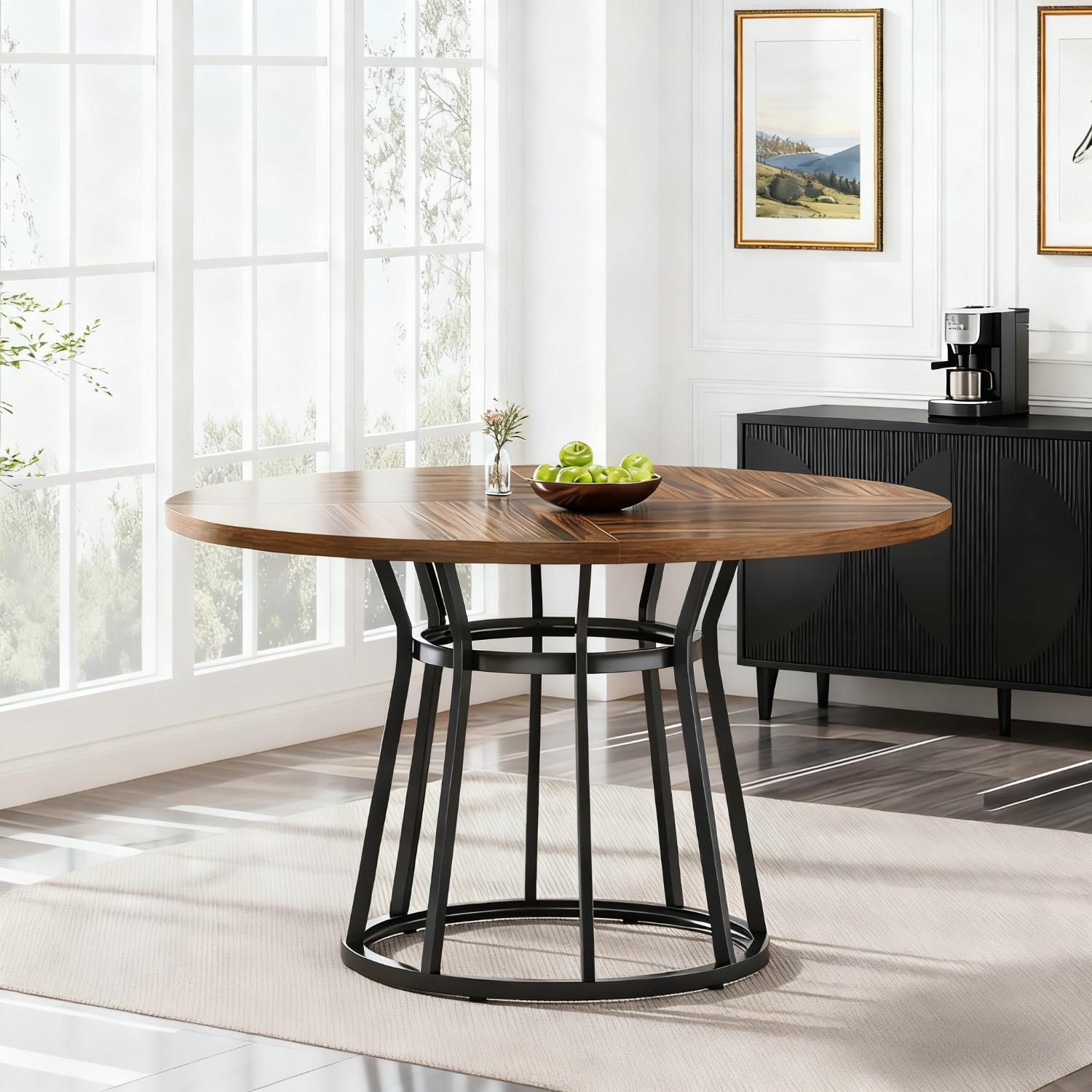 TEMU Ronde eettafel voor vier personen, met een metalen voet, 120 cm stevig ontwerp geschikt voor woonkamers, keukens en eetruimtes, in een bruine kleur.