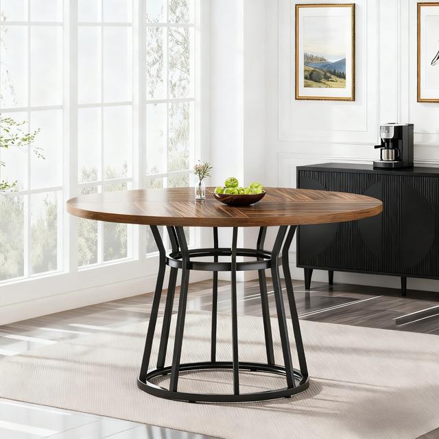 TEMU Ronde eettafel voor vier personen, met een metalen voet, 120 cm stevig ontwerp geschikt voor woonkamers, keukens en eetruimtes, in een bruine kleur.