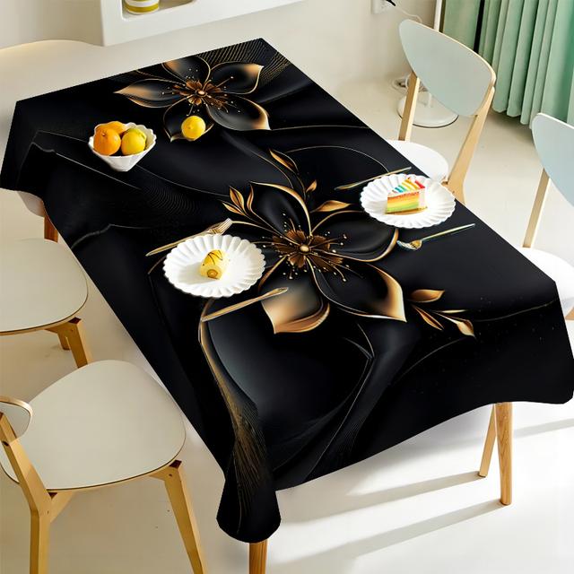TEMU 1pc Black Golden Floral Tablecloth For Picnics, Camping, Weddings, Birthday Parties, Festivals, Buffets, And Home Kitchen Dining Decor
