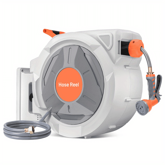 TEMU 130ft X 1/ 2 In Retractable Garden Hose Reel, Outdoor Garden Hose Reels - Automatic Self Wall Mount Hose Reel, Any Length Lock And 180 Deg Swivel Bracket
