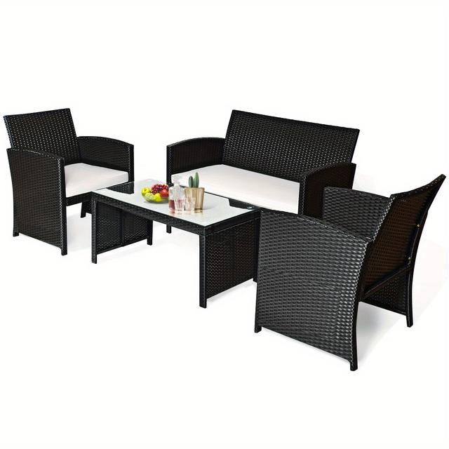 TEMU Multigot 4pcs Patio Rattan Furniture Conversation Set Cushioned Sofa Table Garden Black