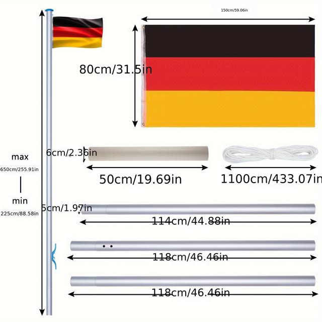 TEMU 6.5m Aluminum Flagpole With Ground Socket – Includes German Flag For Outdoor Display, Durable Metal Construction, No Electricity Needed, And Outdoor Events, Flag Poles For Outside