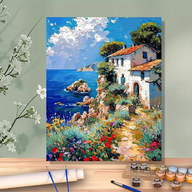 TEMU 1pc Adult Diy Paint By Numbers Kit - Seaside Floral Landscape Acrylic Set | Includes Paints And Brushes For 40x50 Cm - 16x20 Inch Canvas | Unframed Home Decor Diy Painting